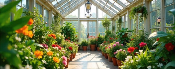 A bright and airy conservatory greenhouse filled with lush, vibrant plants and flowers, bathed in sunlight  Ideal for home decor, gardening, and lifestyle imagery ,  airy,  indoor garden,  spring