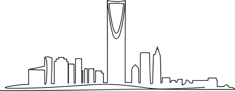 Continuous Line Art Riyadh Skyline with Kingdom Centre Tower in Minimal Contour Outline Style