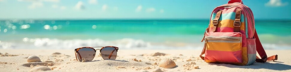 A carefree backpack rests on a sunny beach, seashells and sunglasses nearby, evoking a sense of joyful wanderlust and summer vacation bliss , fun, ocean, travel