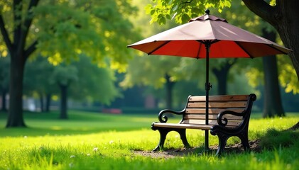 A charming park bench cleverly designed with a large umbrella overhead, providing shade and shelter from the elements Ideal for relaxing outdoors , functional, umbrella