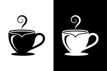 Mug Silhouette Vector Icons. Hot Drink with Steam and Heart for Cafe Branding
