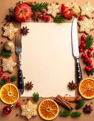 Diseño plantilla con espacio libre para menú de comida y cena de navidad o fiesta de fin de año con marco de decoracion navideña, cubiertos y frutos secos