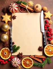 Diseño plantilla con espacio libre para menú de comida y cena de navidad o fiesta de fin de año con marco de decoracion navideña, cubiertos y frutos secos