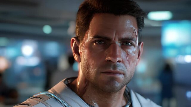 futuristic, man, scars, cinematic, character, serious, intense, portrait, background, male, face, expression, closeup, technology, cyberpunk, resilience, realism, detail, lighting, mood, emotion, armo