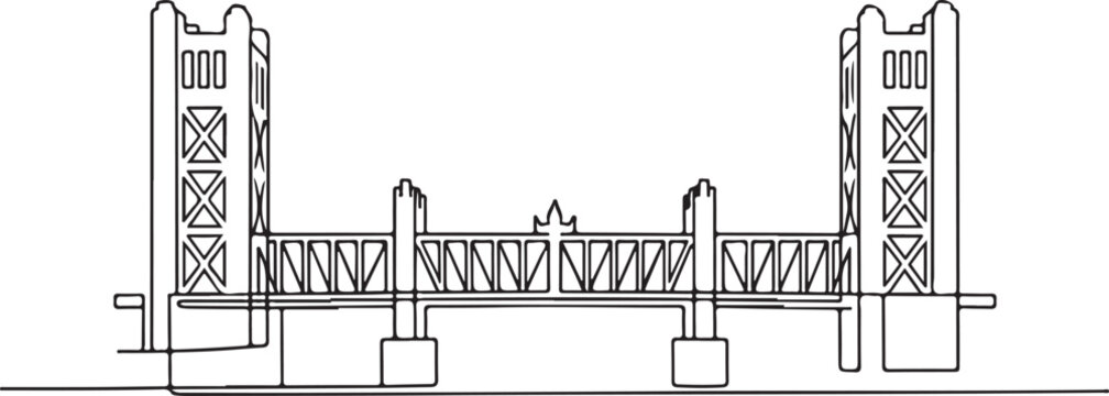 Continuous Line Art Sacramento Skyline with Tower Bridge in Minimal Contour Outline Style