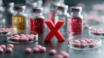 Medical research concept with red cross and pills in laboratory setting, Report Pharmaceutical Fraud Day