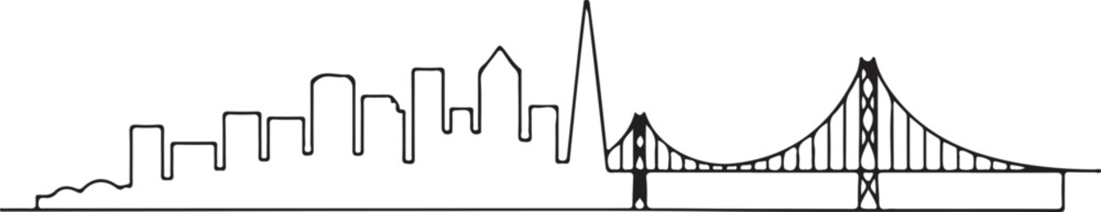 Continuous Line Art San Francisco Skyline with Bay Bridge in Minimal Contour Outline Style