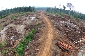 Workers cut down trees in a forest area leaving behind mud and scattered logs on a cloudy day