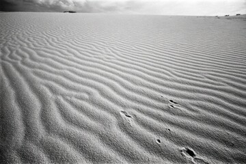 Footprints appear on soft sand dunes, showing the texture of the surface and the movement in a desert area