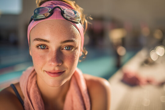 Sunlit close-up portrait of a young swimmer with striking blue eyes and freckles, wearing goggles and a pink swim cap poolside - Powered by Adobe