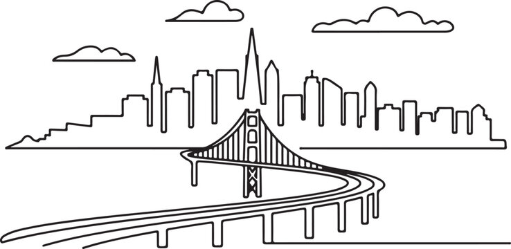 Continuous Line Art San Francisco Skyline with Lombard Street Curve in Minimal Contour Outline Style