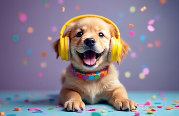 Happy puppy listens to music wearing yellow headphones on a colorful floor. The playful dog enjoys listening to audio with joyful expression, perfect for entertainment and promotion.