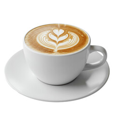 A flawless hot latte in a white porcelain mug with complex heart latte art, soft steam, and drop shadow, captured in a macro studio product shot on white. concept for professional cafe promotion