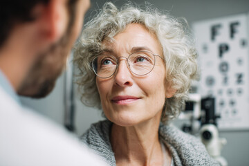 Senior woman smiling confidently during an optometrist eye exam, wearing glasses with blurred eye chart and equipment in the background