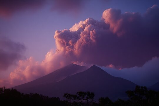 Mountains stand tall as colorful clouds fill the sky at sunset in Guatemala