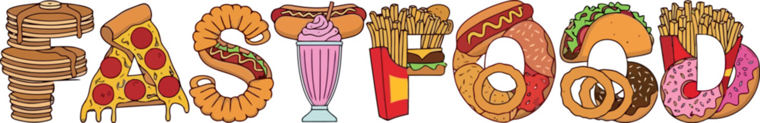 Colorful fast food letters forming playful typography.
