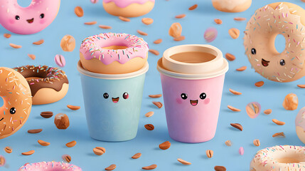 Cute cartoon coffee cups with donut hats amidst falling peanuts on pastel blue background