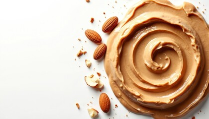 Swirl of creamy almond butter with whole nuts and crumbs on white surface. Smooth texture, healthy snack spread, natural food ingredient for breakfast or cooking.