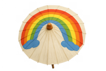 Paper umbrella with rainbow and clouds pattern, colorful protecting from rain and sun, top view, transparent background