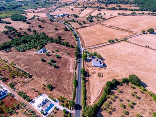 Aerial view of a road cutting through fields of golden brown and lush green, dotted with white houses under a clear sky, Monopoli, Apulia, Italy.