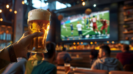 Cheers and excitement at a lively sports bar with cold beer and game on screen