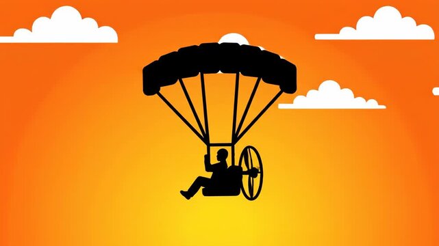 Silhouette of a Paraglider Soaring Through the Orange Sky with Clouds.