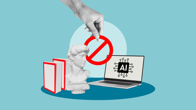Artificial intelligence versus human creativity - ethics and regulation. A human hand bans the use of AI, protecting traditional art and copyrights