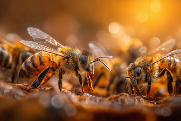 Naklejka premium Golden macro close-up of honeybees on honeycomb — detailed textures of fur, wings and antennae as worker bees forage in a sunlit hive