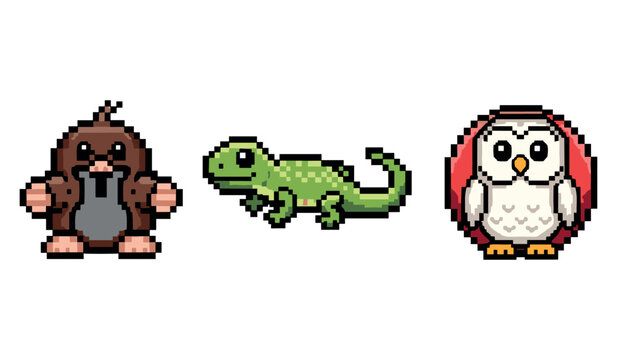 Pixel art animals: mole, lizard, and owl in retro style