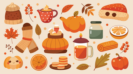 collection of autumn-themed stickers featuring leaves, pumpkins, and acorns in warm colors..eps