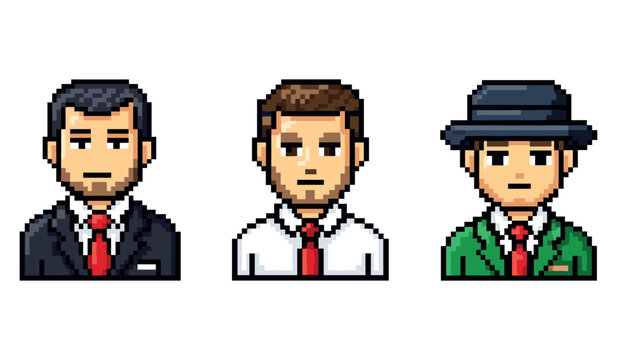 Pixel art male avatars: business, casual, stylish portraits