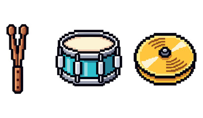 Pixel art percussion series: drumsticks, snare drum, and cymbal