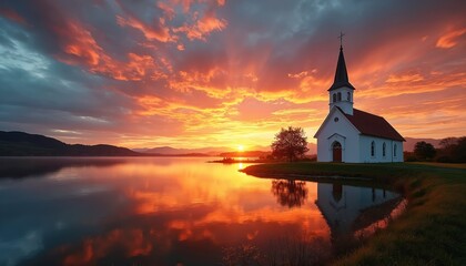 Fototapeta premium White church with steeple stands on grassy hill next to calm lake during fiery orange sunset. Majestic sky with sun rays reflects on water surface. Peaceful rural landscape.