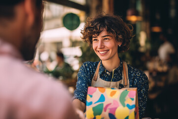 Friendly barista handing a colorful packaged order to a smiling customer in a cozy urban cafe — warm hospitality, small business service and joyful moment