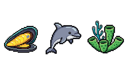 Obraz premium Pixel art marine life: mussel, dolphin, and coral