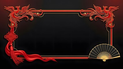 Elegant chinese new year frame with ornate red dragons, traditional knot, flowing ribbon, and hand fan
