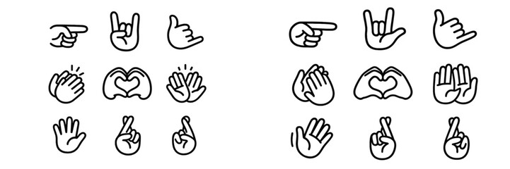 Popular hand gestures set including pointing, clapping, heart sign, shaka, and good luck symbols
