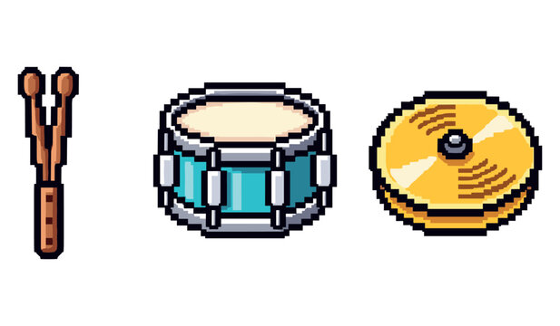 Pixel art percussion series: drumsticks, snare drum, and cymbal