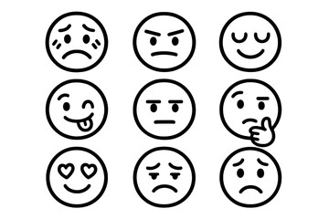 Diverse collection of nine outline emoticons displaying various moods and feelings
