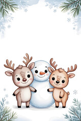 Fototapeta premium Cute snowman and two baby reindeer standing together in snowy festive Christmas winter illustration scene