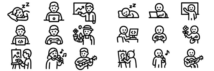 Diverse set of outline icons depicting daily life, work, leisure, and creative pursuits