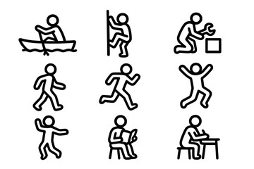 Simple black line icons depicting human actions like rowing, climbing, running, reading, and writing