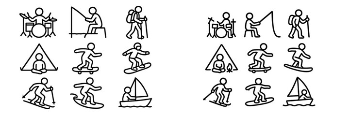 Set of simple outline symbols for various outdoor sports, hobbies, and recreational activities