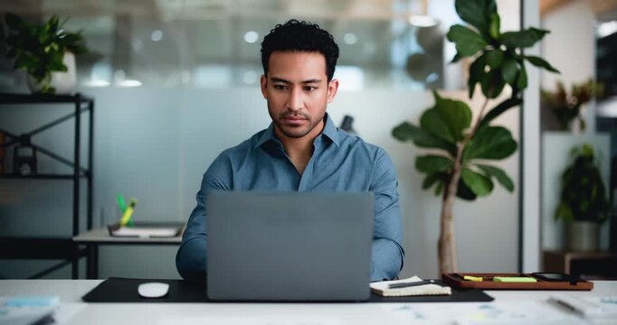 Laptop, research and writing with business man at desk in office for accounting or finance report. Computer, notebook and planning with accountant in financial workplace for audit or online review