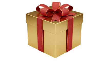 Luxurious golden gift box tied with a shimmering red ribbon and large bow for celebration