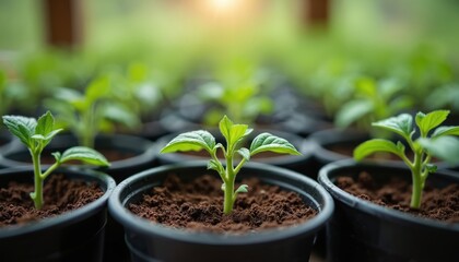 Tiny green plant seedlings sprout from soil in small pots. Rows of young plants grow, starting new life cycle. Vegetable garden preparation for season.
