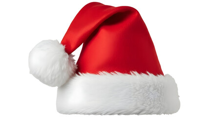 Classic bright red and white plush Santa Claus hat with fluffy trim and pompom for holidays