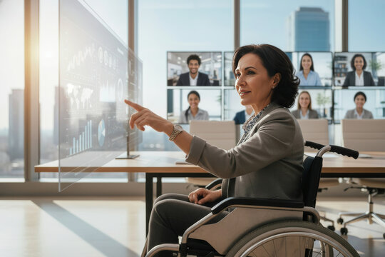 Business meeting takes place in a large office with a woman in a wheelchair presenting data on a screen during the daytime - Powered by Adobe