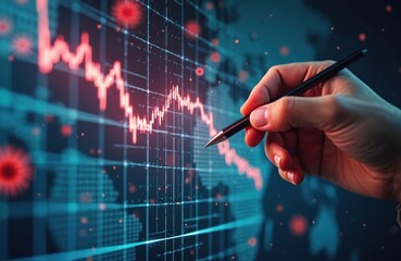 Businessman tracks falling global stock market graph on digital screen. Red lines show economic downturn and crisis as coronavirus icons surround world map.