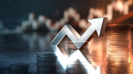 Stacks of coins, silver arrow going up and graph chart. Concept of finance, business, banking and investment. Value growth in stock market and crypto market. 